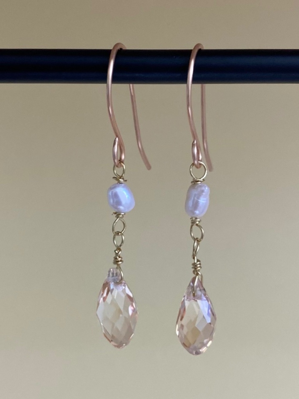 Handmade Earrings with Champagne Faceted Crystal Drop & Freshwater Pearl